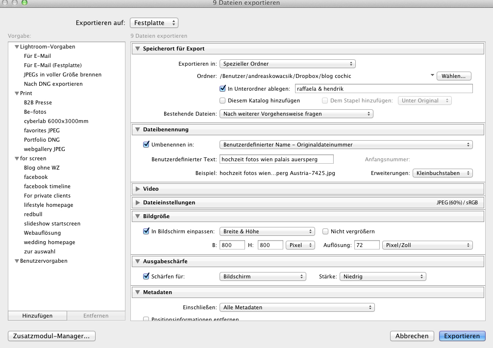  Export Presets in Lightroom