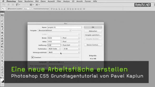 Arbeitsfläche erstellen, Bildtiefe, Farbmodus, Auflösung